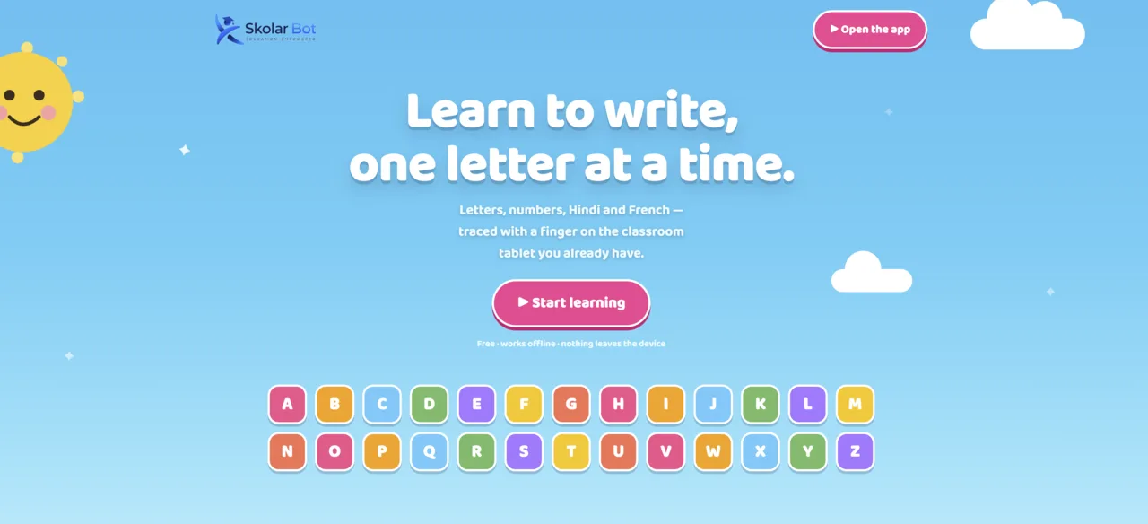 The Kids Learning home page: “Learn to write, one letter at a time”, a Start learning button and the alphabet A to Z as coloured tiles