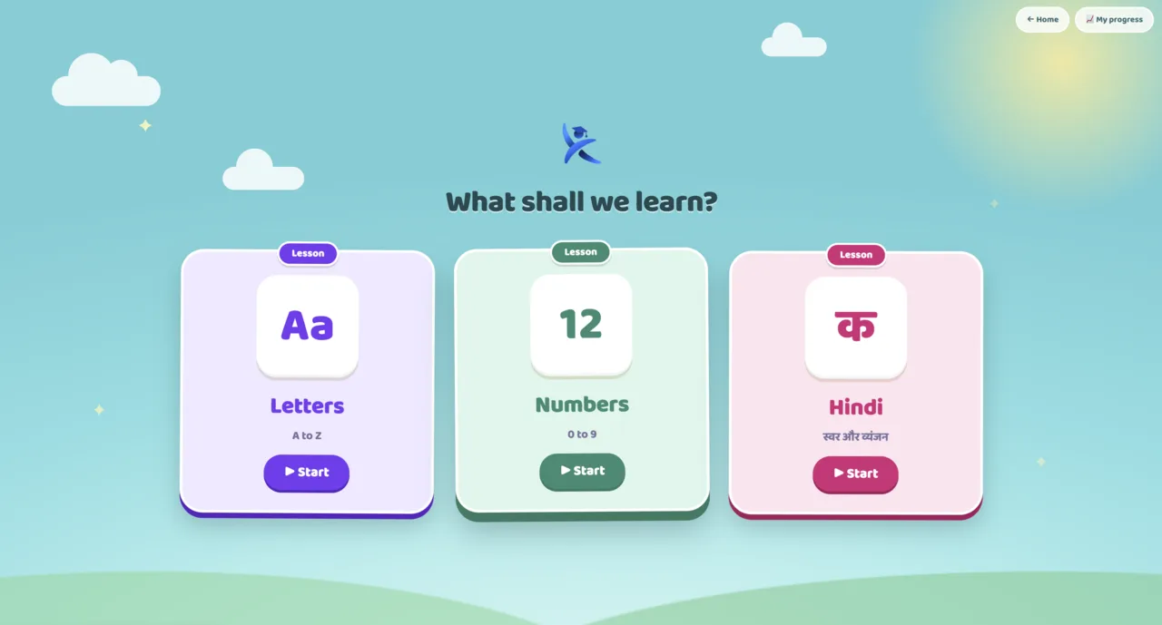 The lesson picker: “What shall we learn?” with Letters (A to Z), Numbers (0 to 9) and Hindi cards, each with a Start button