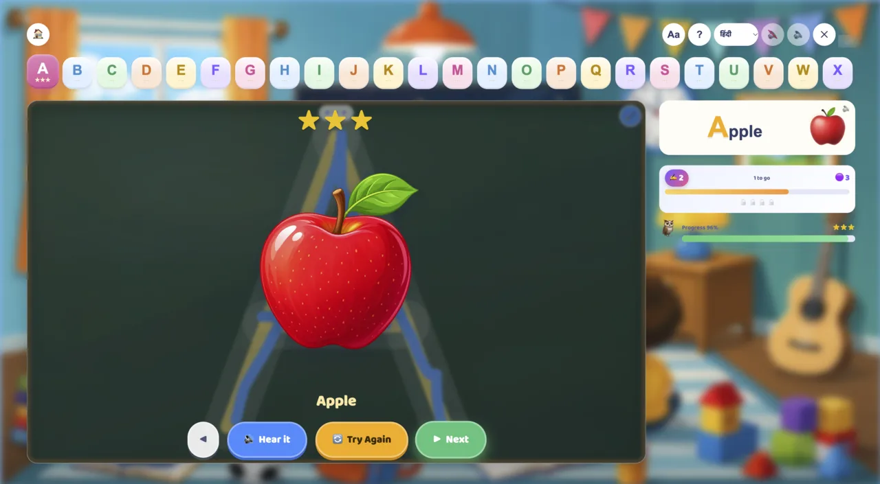 Tracing the letter A on a chalkboard: three stars earned, an apple with the word Apple, and Hear it, Try Again and Next buttons
