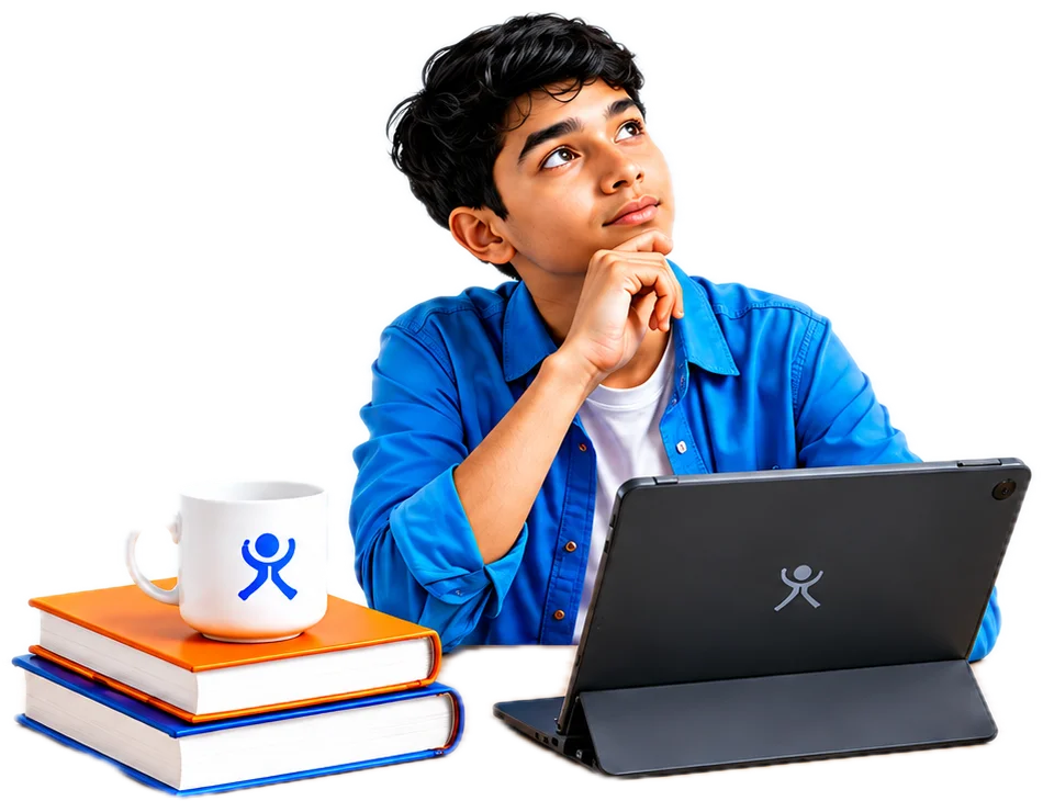 A student at his laptop, looking up and thinking